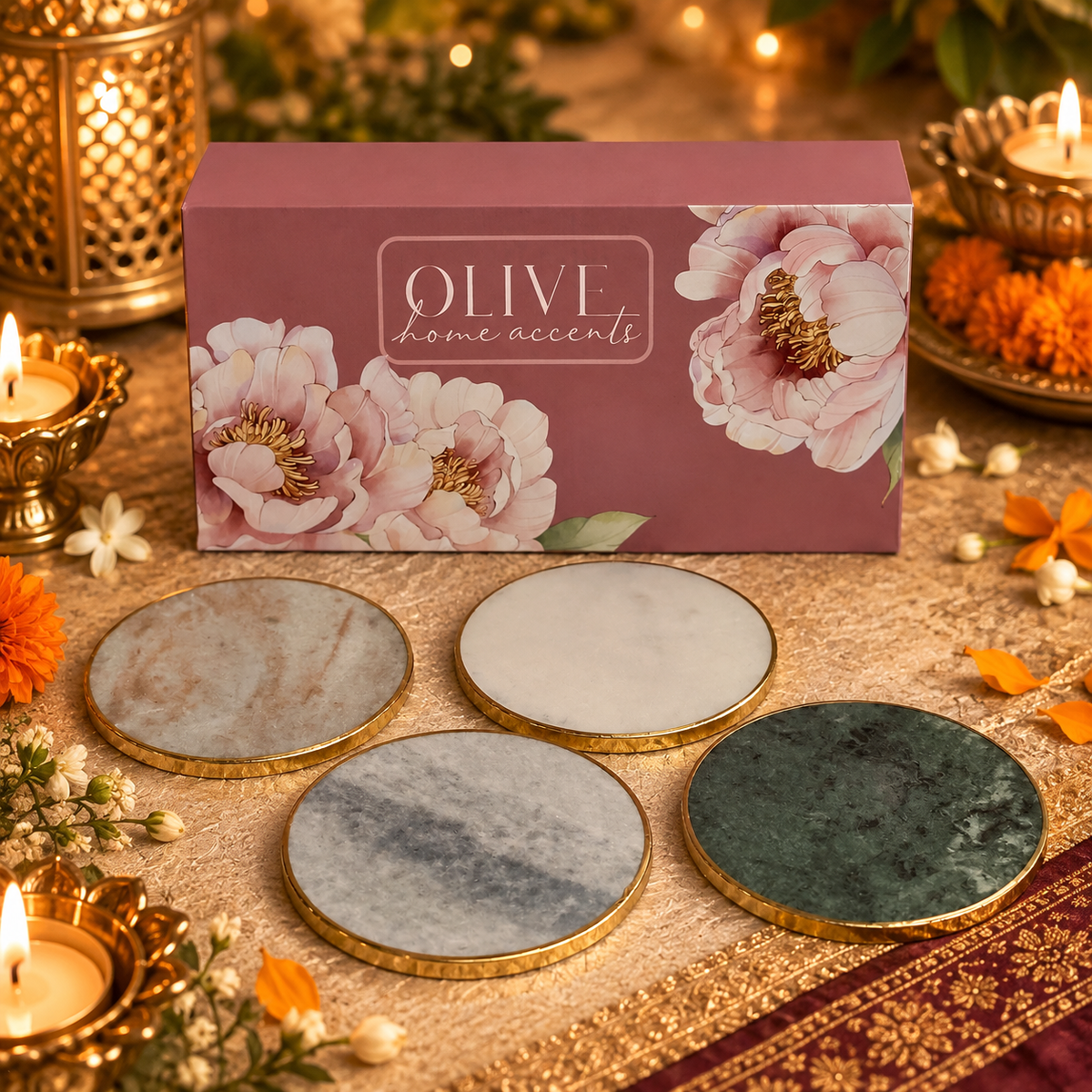 Saanjh - Luxe Marble Coasters with Brass Rim