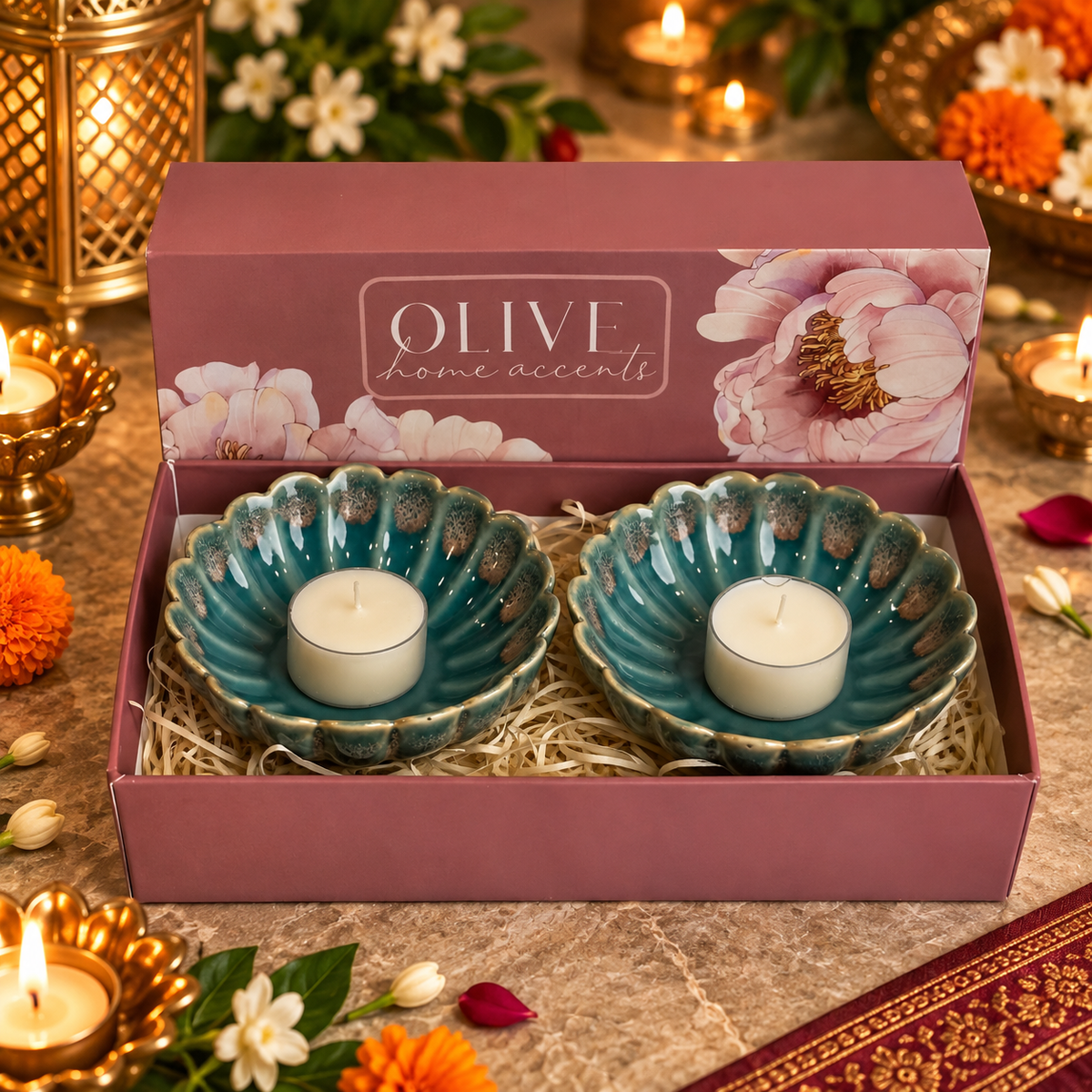 Luminous Celebrations Hamper - Set of 2 floral t light holders