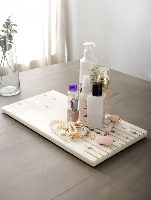 Exquisite Celeste Marble Platter with Mother of Pearl and Gold Inlay work - Handcrafted and Versatile