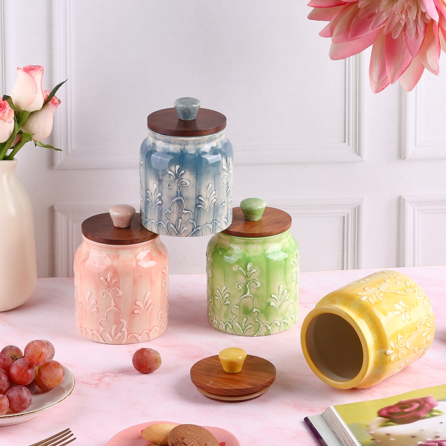 Embossed Grapevine Airtight Ceramic Jars