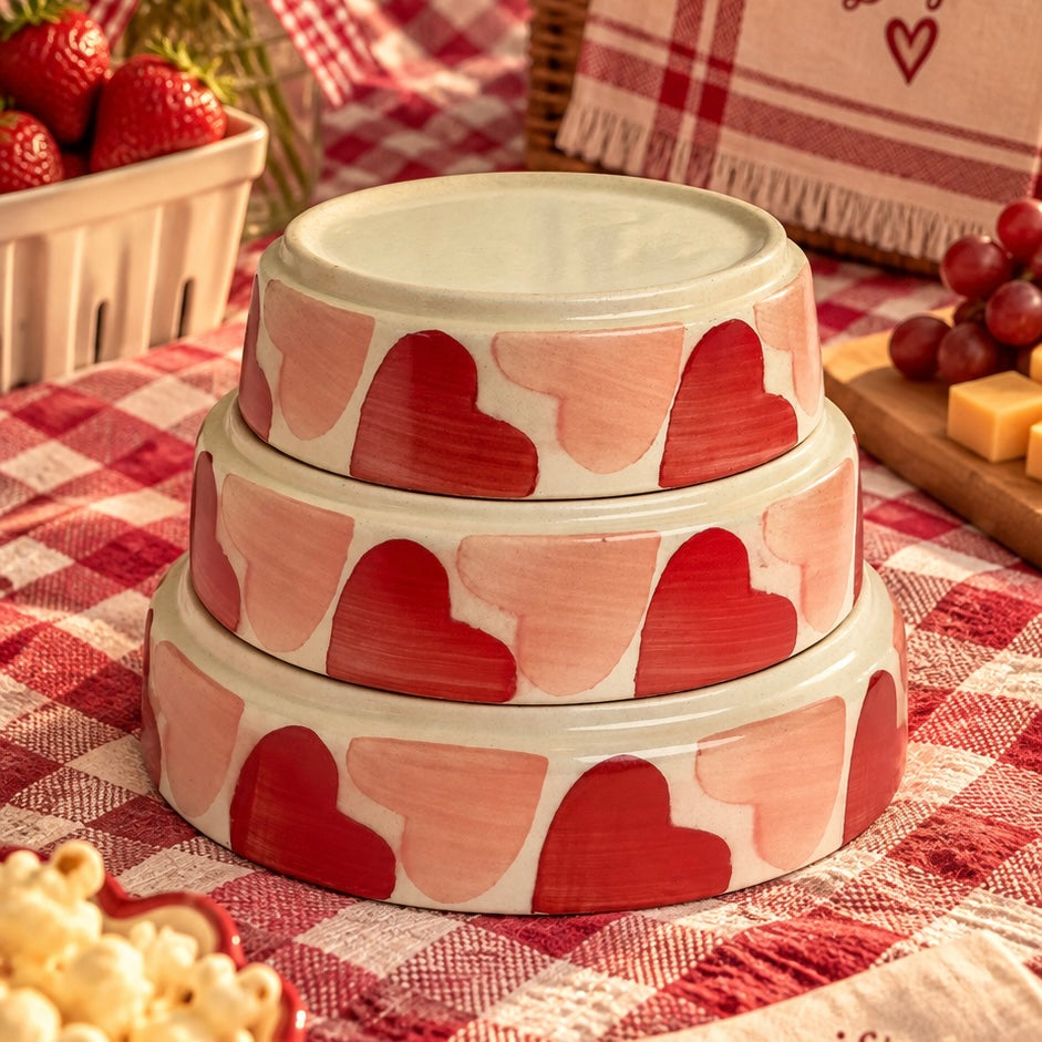 Retro Heart 3 Piece Nesting Flat Bowl Set