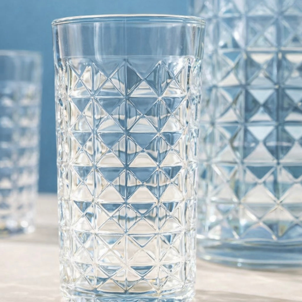 Prism Pour Jug with lid and Set of 6 tall glasses for Juice and Coolers
