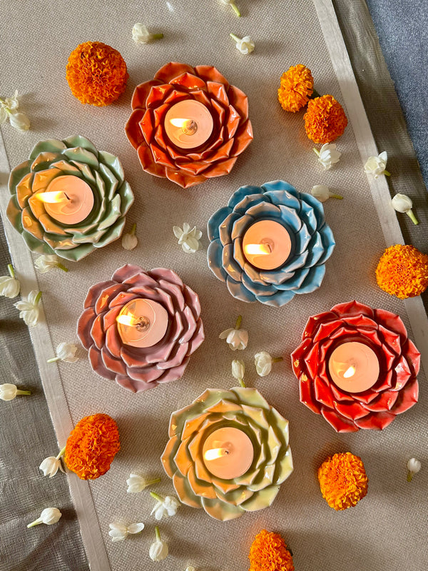 Handmade Ceramic Flower t-light holder - Pack of 6 (assorted colours)