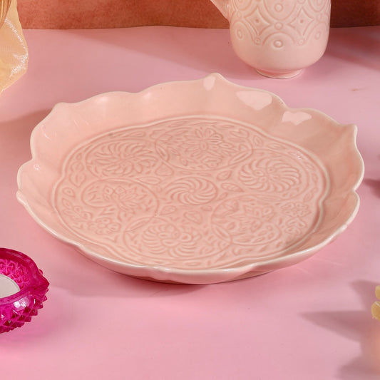 Studio Pottery Pink Embossed Lotus Platter