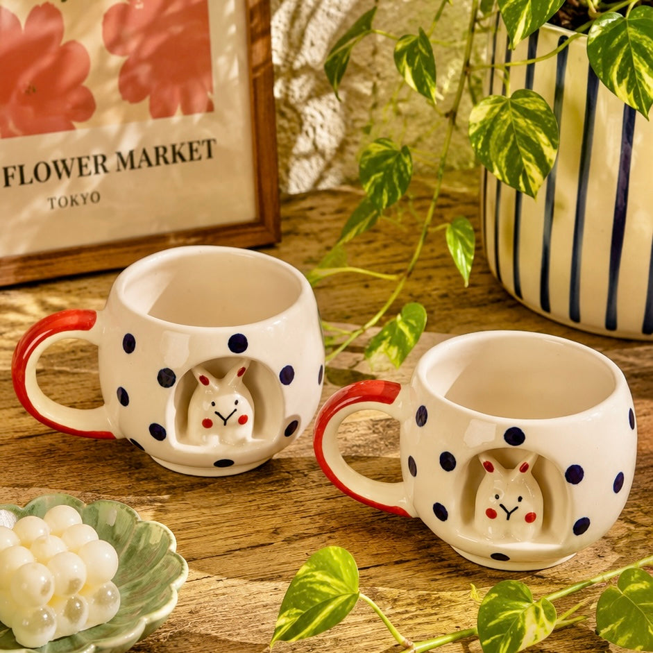 Pixie 4D Blue and Red Bunny Polka Mugs - Set of 2