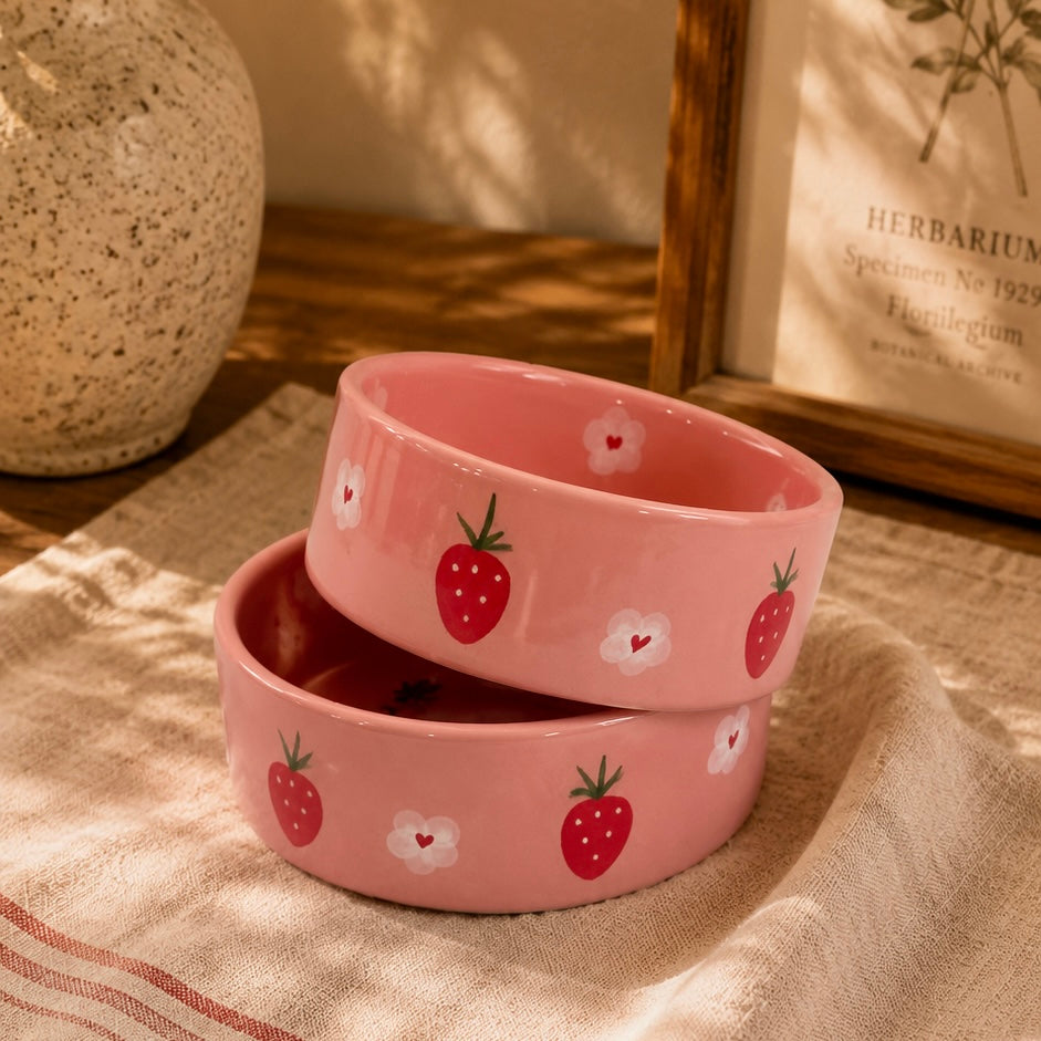 Pink Strawberries and Daisies Handpainted Flat Bowl