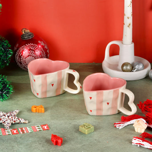 Handmade Pink Stripes Heart Shaped Mugs - Set of 2