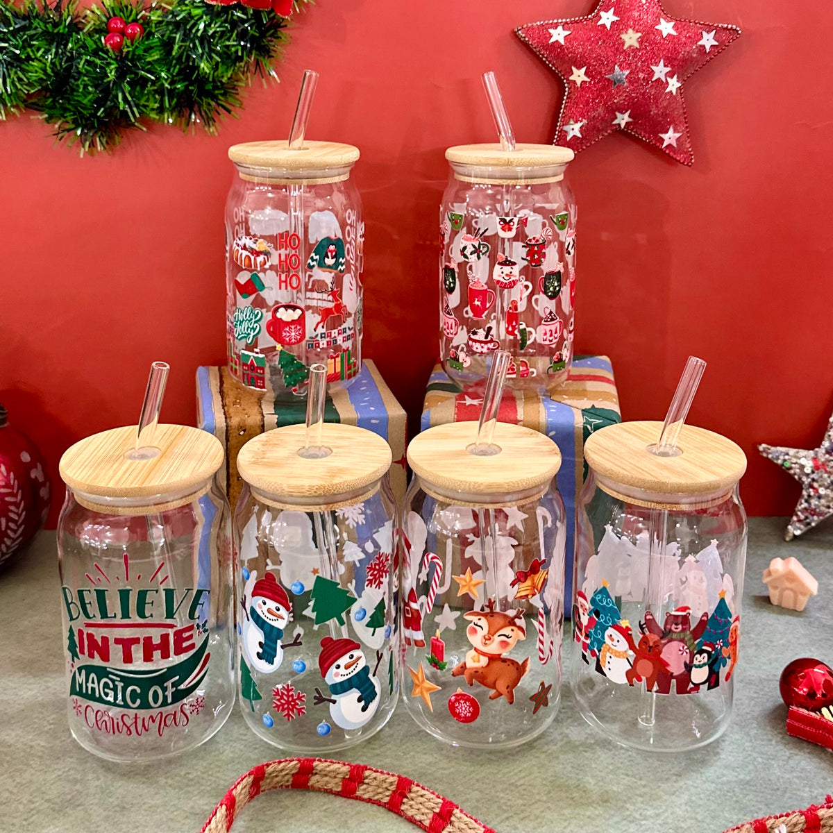 Set of 6 Christmas Glass Sippers - with UV DTF stickers