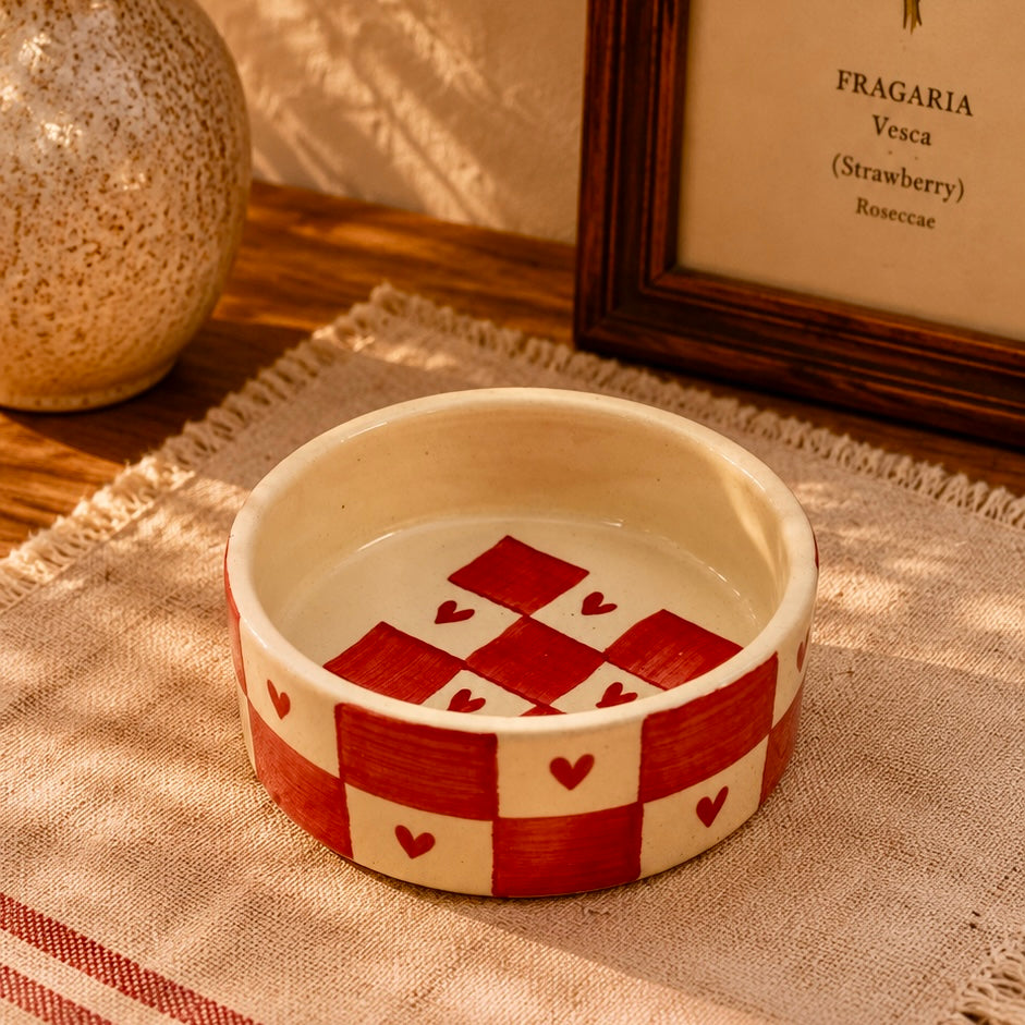 Heart Checkered Handpainted Flat Bowl Small