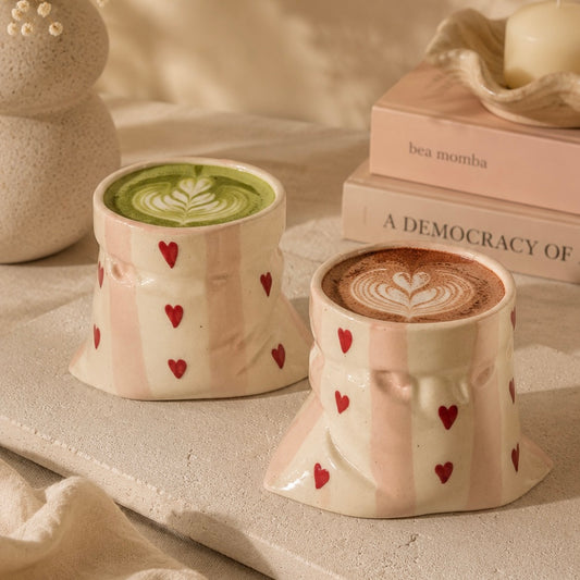 Handmade Pink Stripes Slouchy Handleless Mugs Small - Set of 2