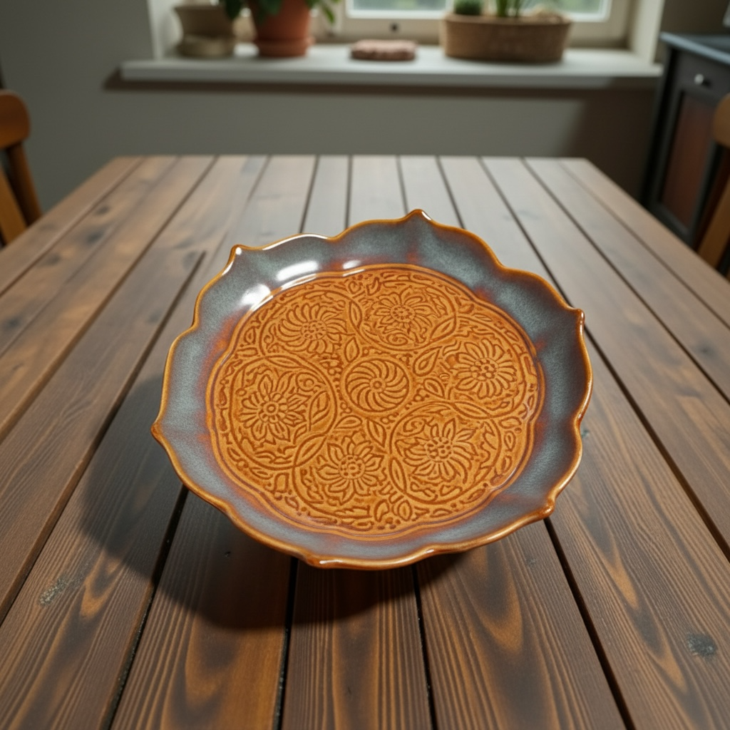 Vintage Embossed Dual Glaze Studio Pottery Lotus Shaped Ceramic Cake Stand