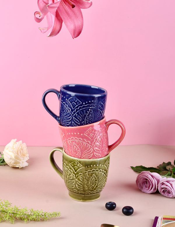 Set of 3 Studio Pottery Renee Embossed Mugs