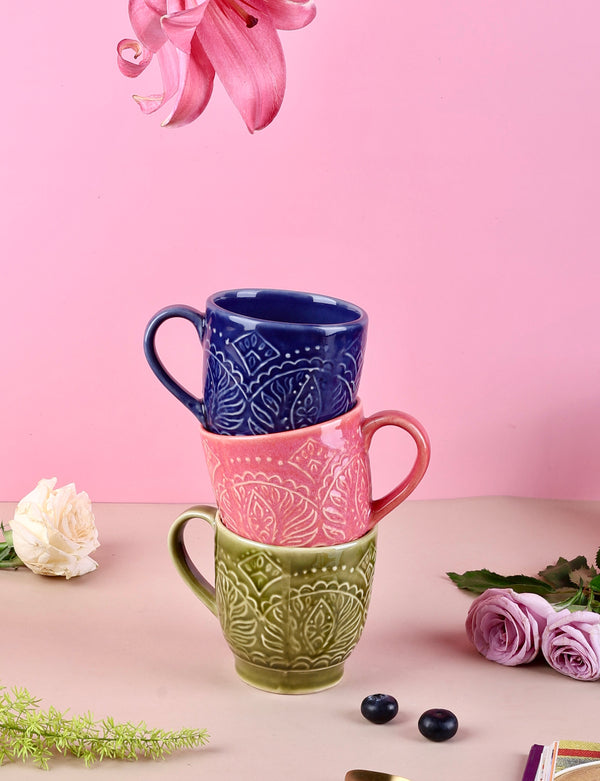 Studio Pottery Renee Embossed Mugs - Blue, Green, Pink