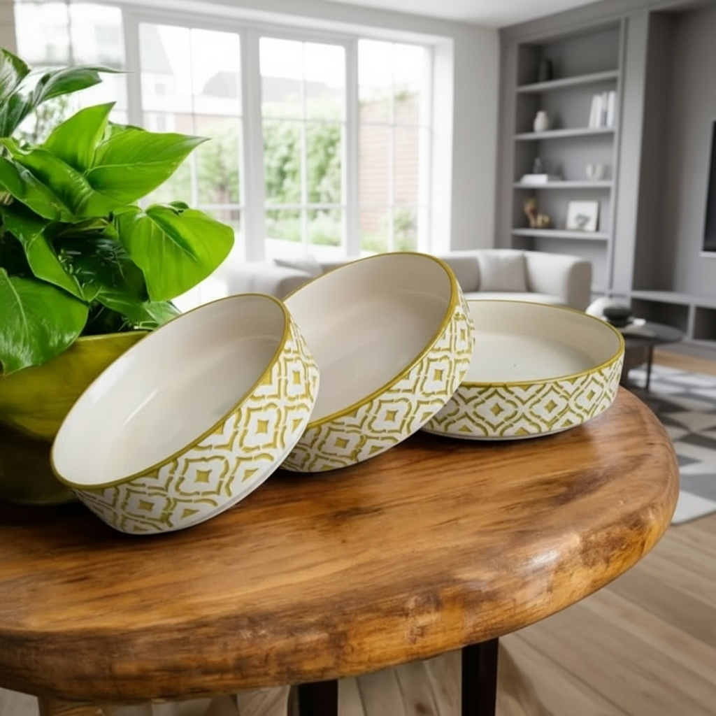 Yellow Lattice 3 Piece Nesting Flat Bowl Set