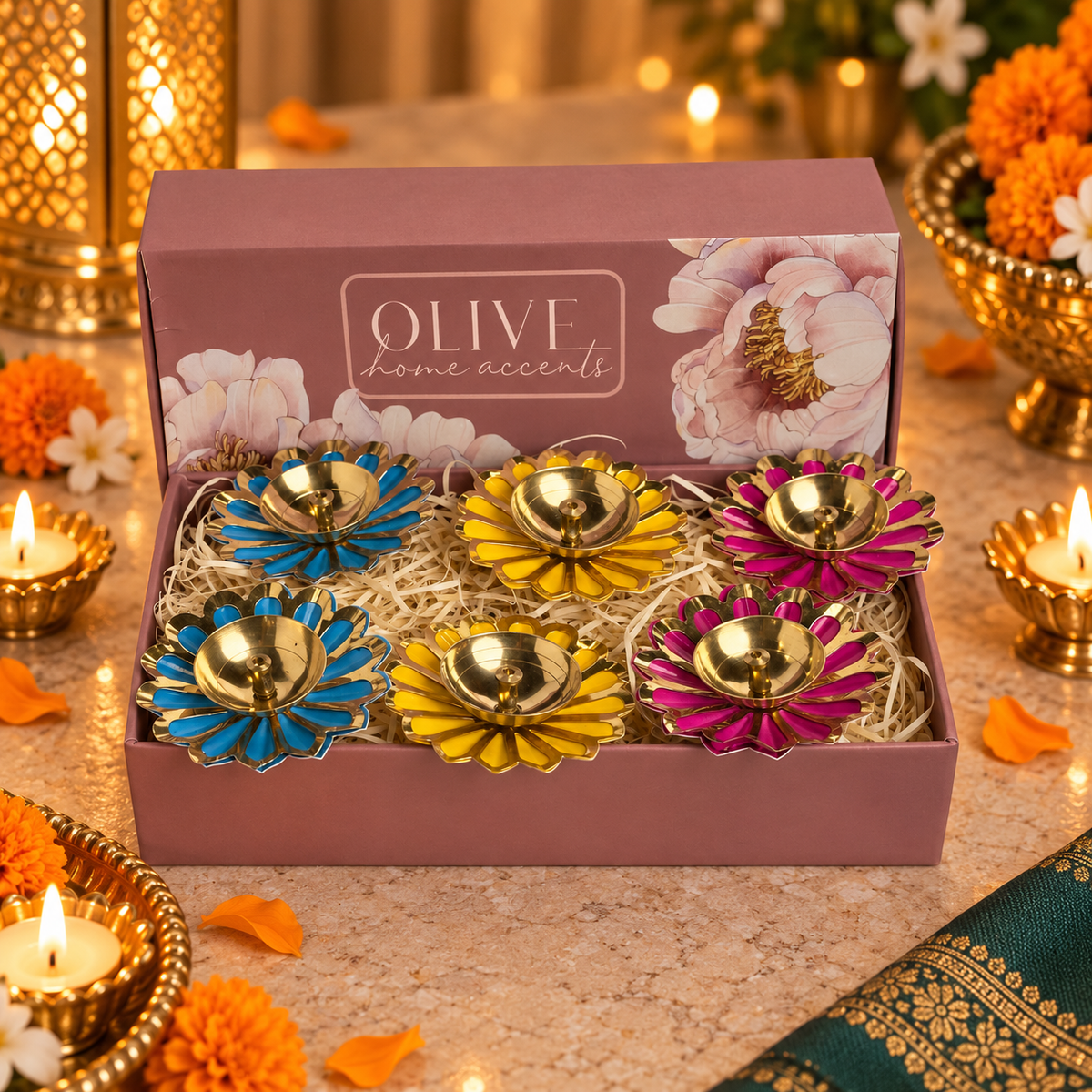 Colourful Brass Diyas - Set of 6 Gift Hamper