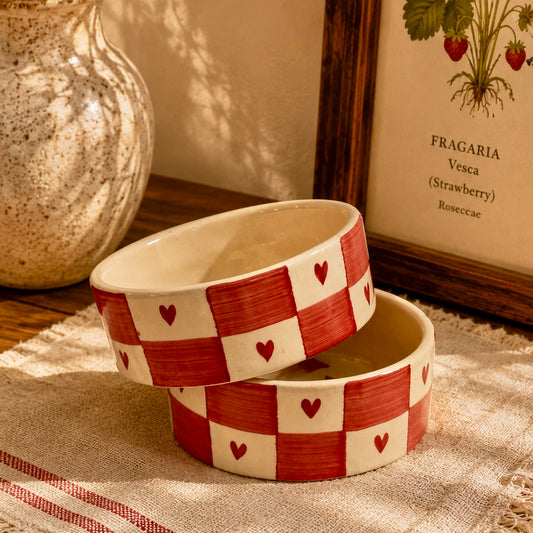 Heart Checkered Handpainted Flat Bowl Small