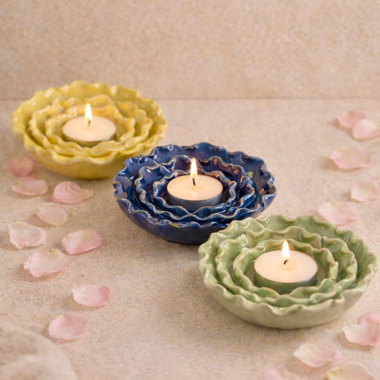 Handmade Ceramic Flower t-light holder - Pack of 3 Green, Blue and Yellow