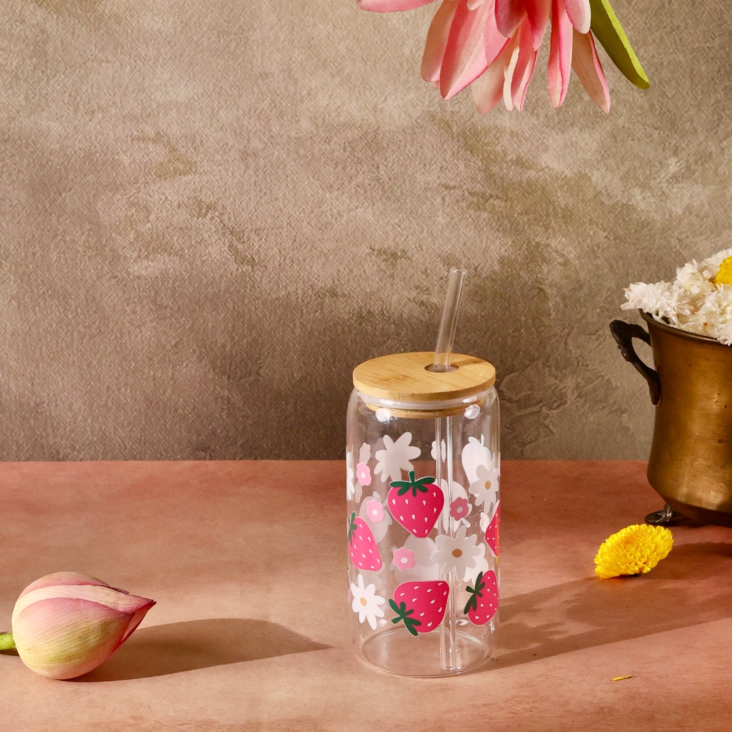 Strawberry Garden Ophelia Glass Sipper - with UV DTF sticker
