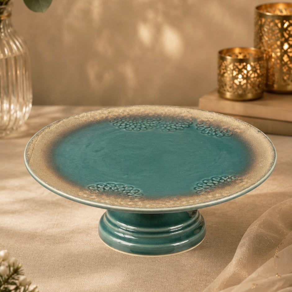 Raga Vintage Embossed Studio Pottery Ceramic Cake Stand