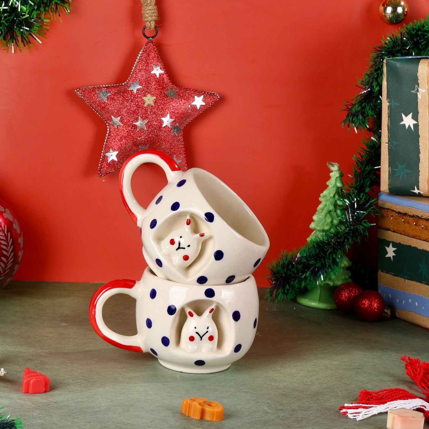 Pixie 4D Blue and Red Bunny Polka Mugs - Set of 2