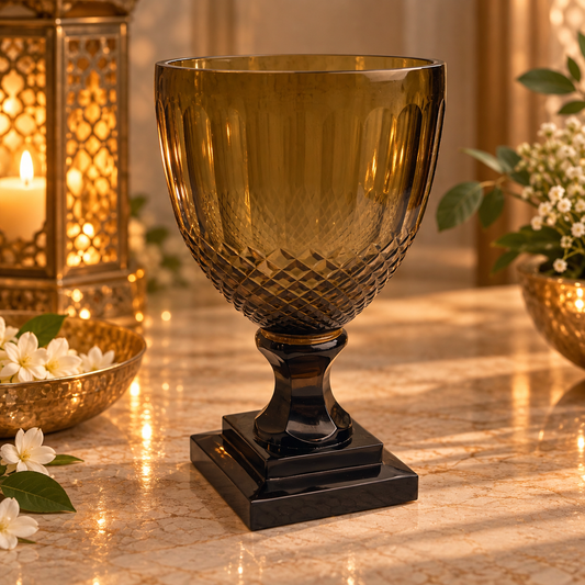 Crystal Cut Deep Brown Glass Hurricane or Vase