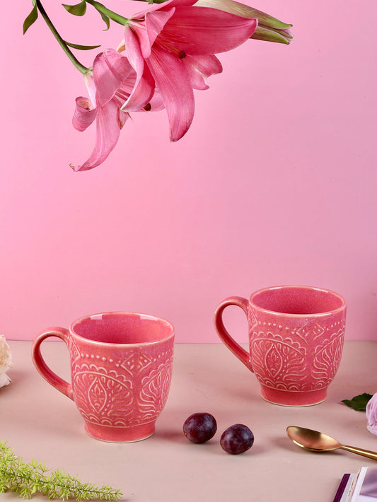 Studio Pottery Renee Embossed Mugs - Green or Pink Set of 2