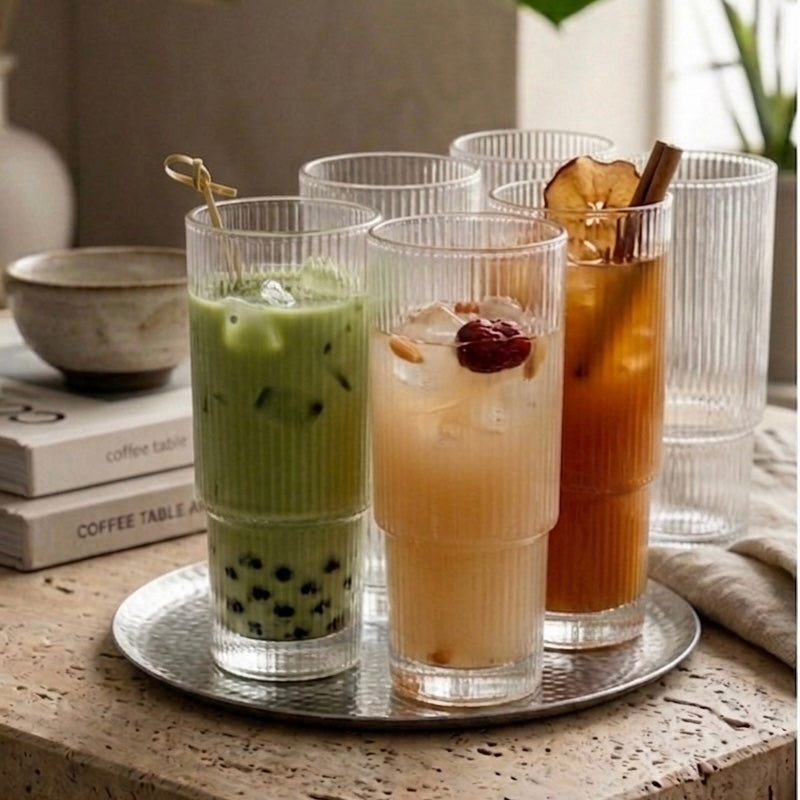 Studio Stria Ribbed Tall Glasses for Cold Coffee and Long Drinks
