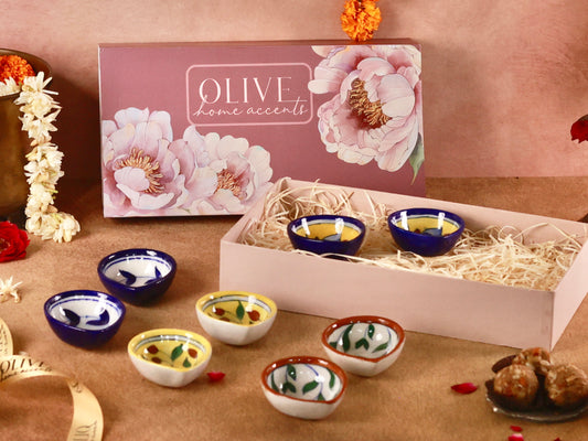 Handpainted Colourful Flower Blue Pottery Diyas Gift Hamper