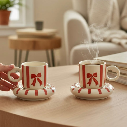 Bows and Stripes Cloud Whimsical Cup & Saucer Set - Enchanting Collection