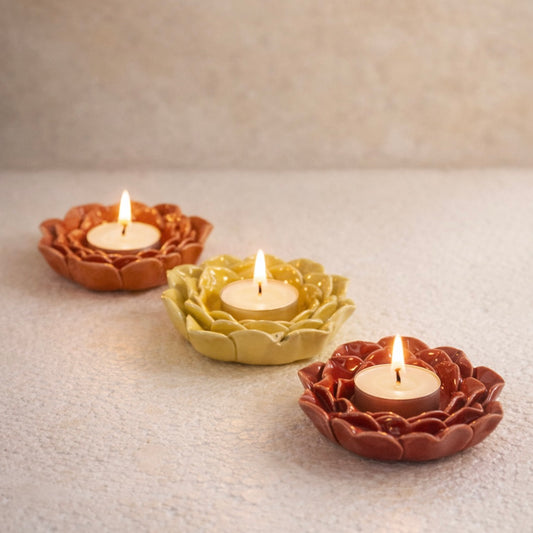 Handmade Ceramic Flower t-light holder - Pack of 3 Red, Yellow and Orange