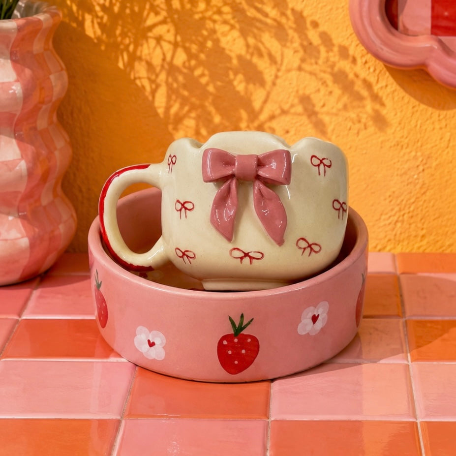 Strawberry Breakfast Bowl and Bow Mug - Set of 2