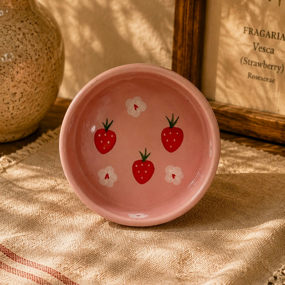 Pink Strawberries and Daisies Handpainted Flat Bowl