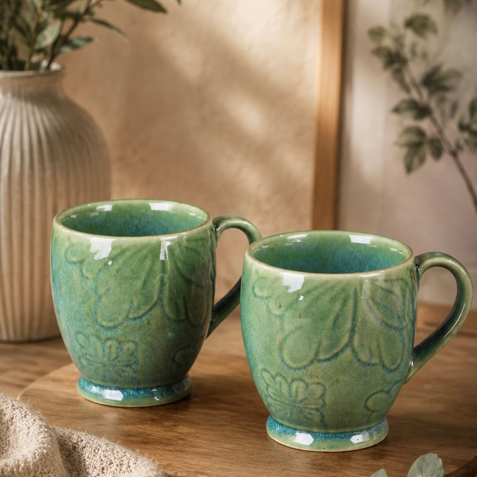 Shaded Green Embossed Mug - Set of 2