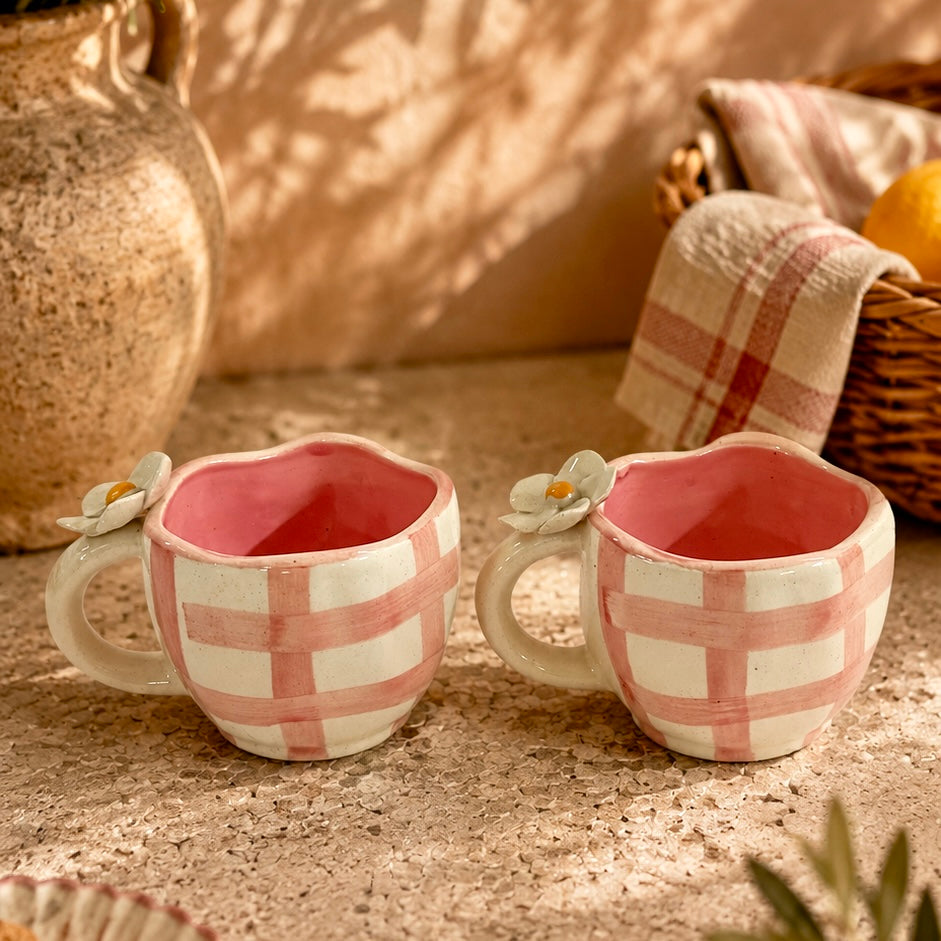 Pixie Pink 4D Plumeria Checkered Mugs - Set of 2