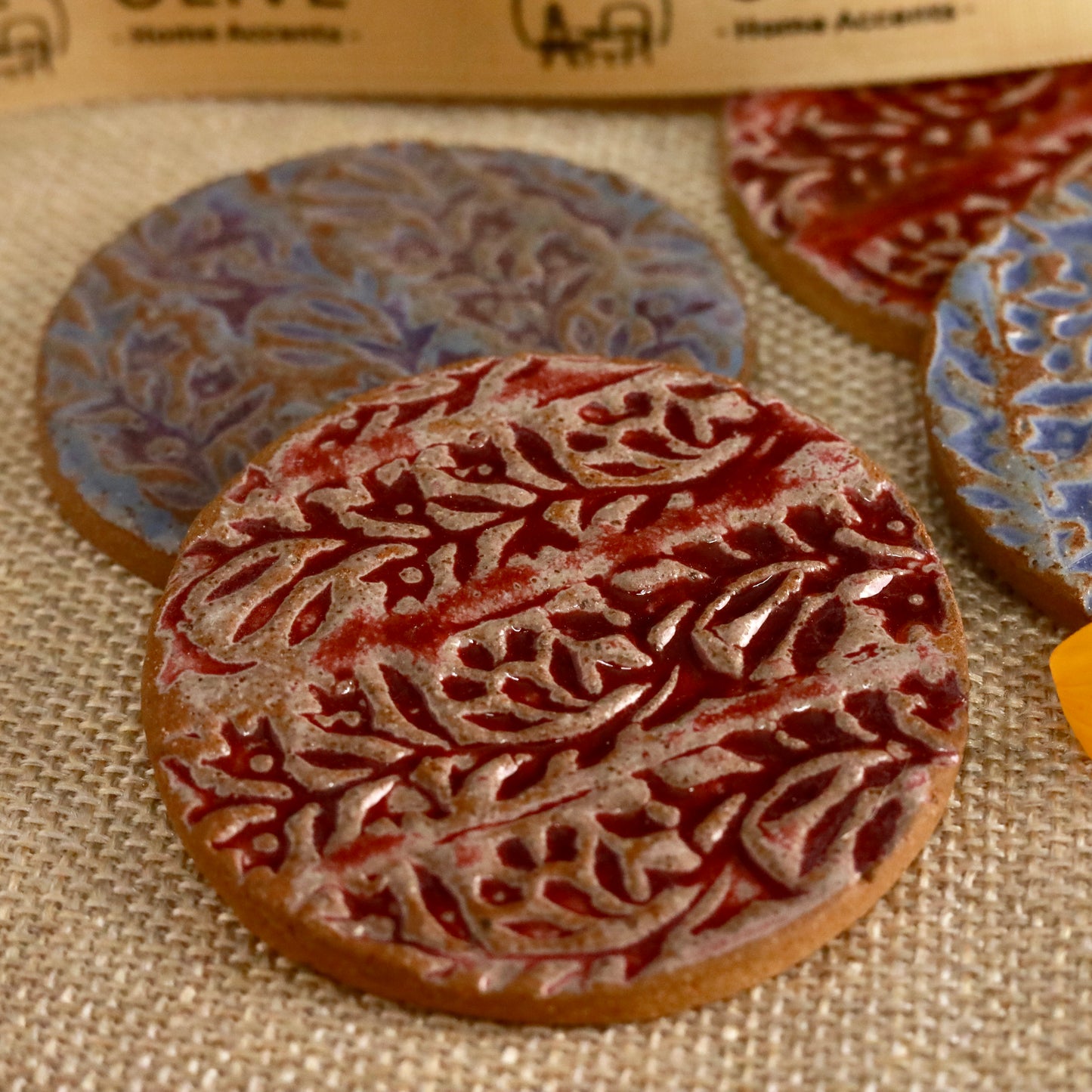 Handmade studio pottery embossed coaster - Set of 2