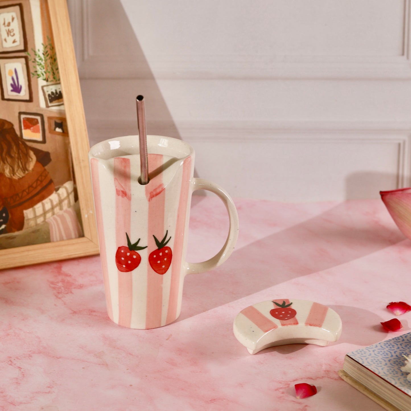 Strawberry Stripe Sipper - with stainless steel straw