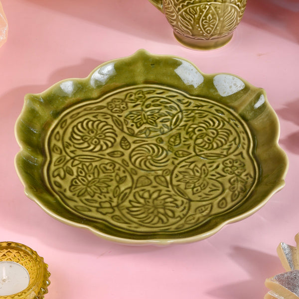 Studio Pottery Green Embossed Lotus Platter