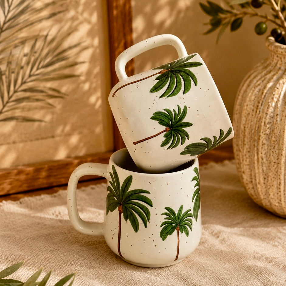 Serene Palm Printed Stoneware Mug - Set of 2