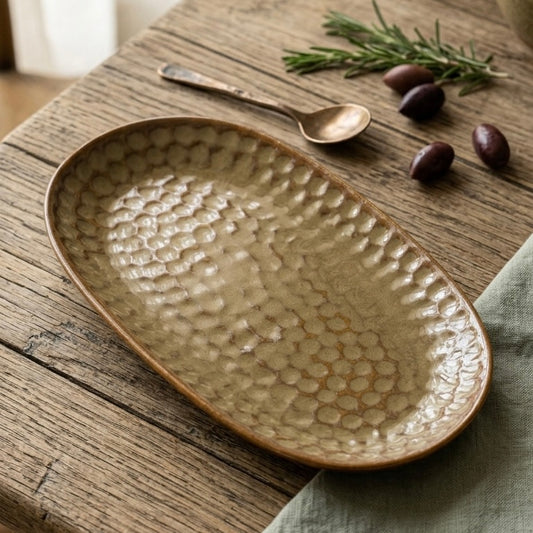 Beige Textured Rustic Oval Studio Pottery Platter