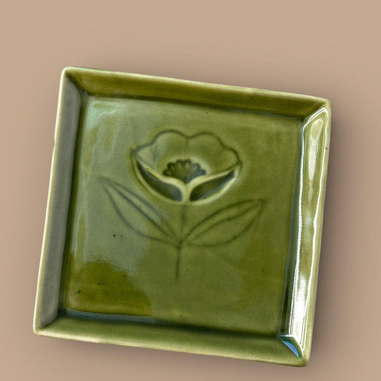 Rani Bagh Green Embossed Square Snack Plate - Pack of one