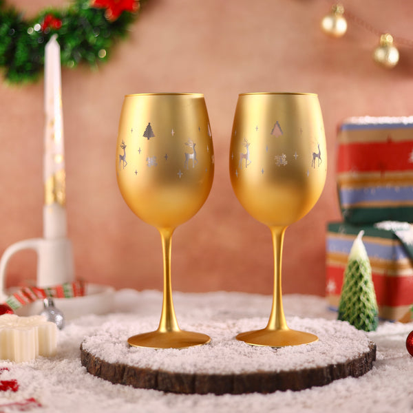 Golden Holiday Wine Glasses - Set of 2