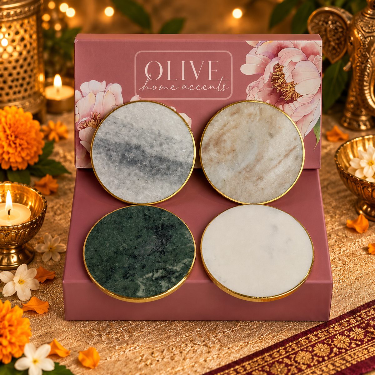 Saanjh - Luxe Marble Coasters with Brass Rim