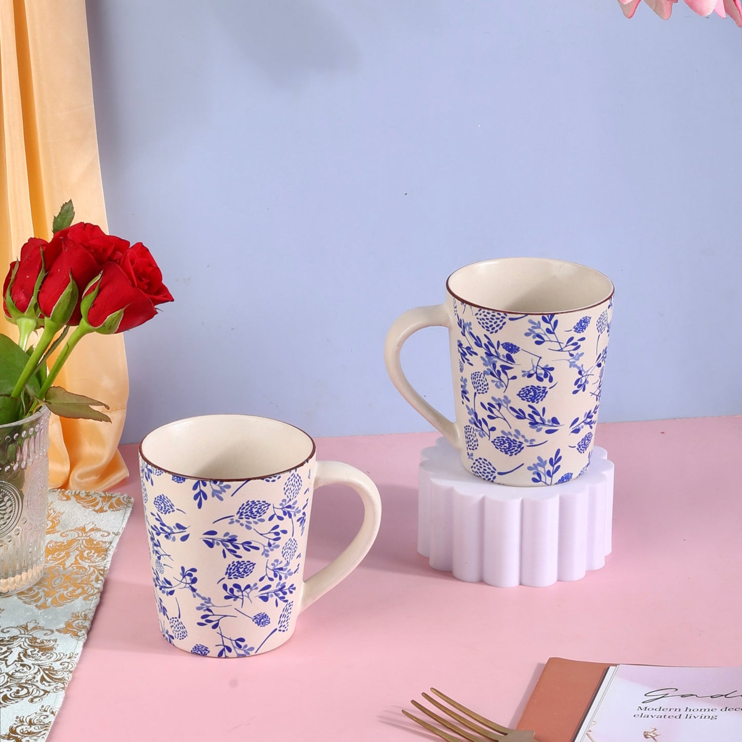 Phool Bagh Printed Stoneware Mugs - Muted Pastel and Indigo