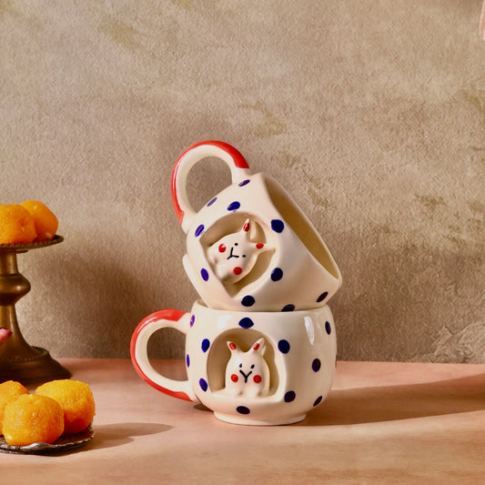 Pixie 4D Blue and Red Bunny Polka Mugs - Set of 2