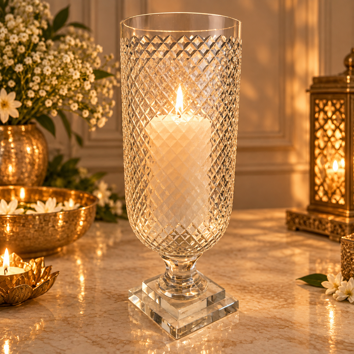 Crystal Cut Tall Glass Hurricane or Vase