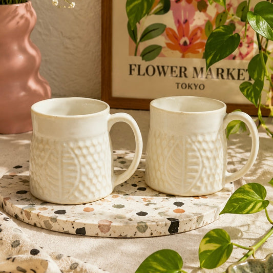 White Autumn Embossed Stoneware Mugs - pack of 2