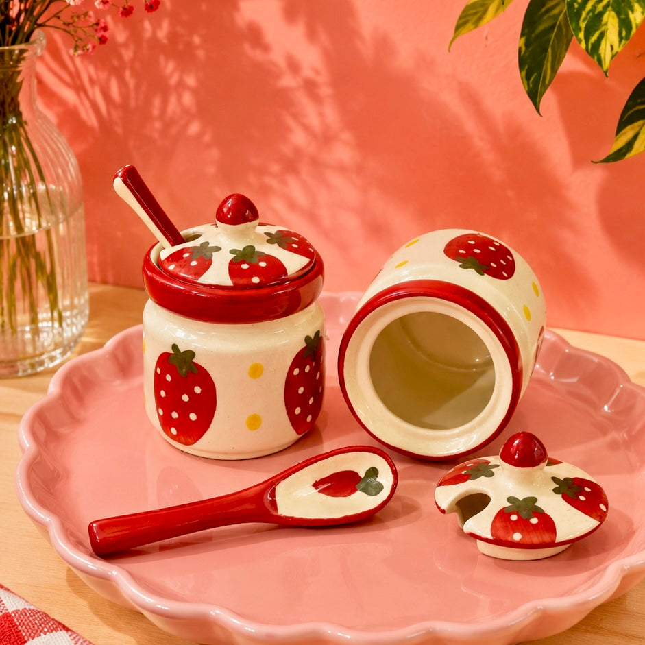 Strawberries and Daisies Jam or Pickle Jar with spoon - not airtight