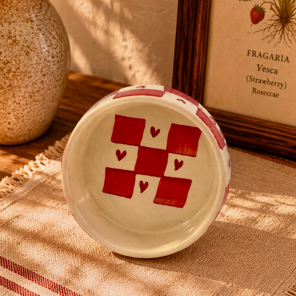 Heart Checkered Handpainted Flat Bowl Small