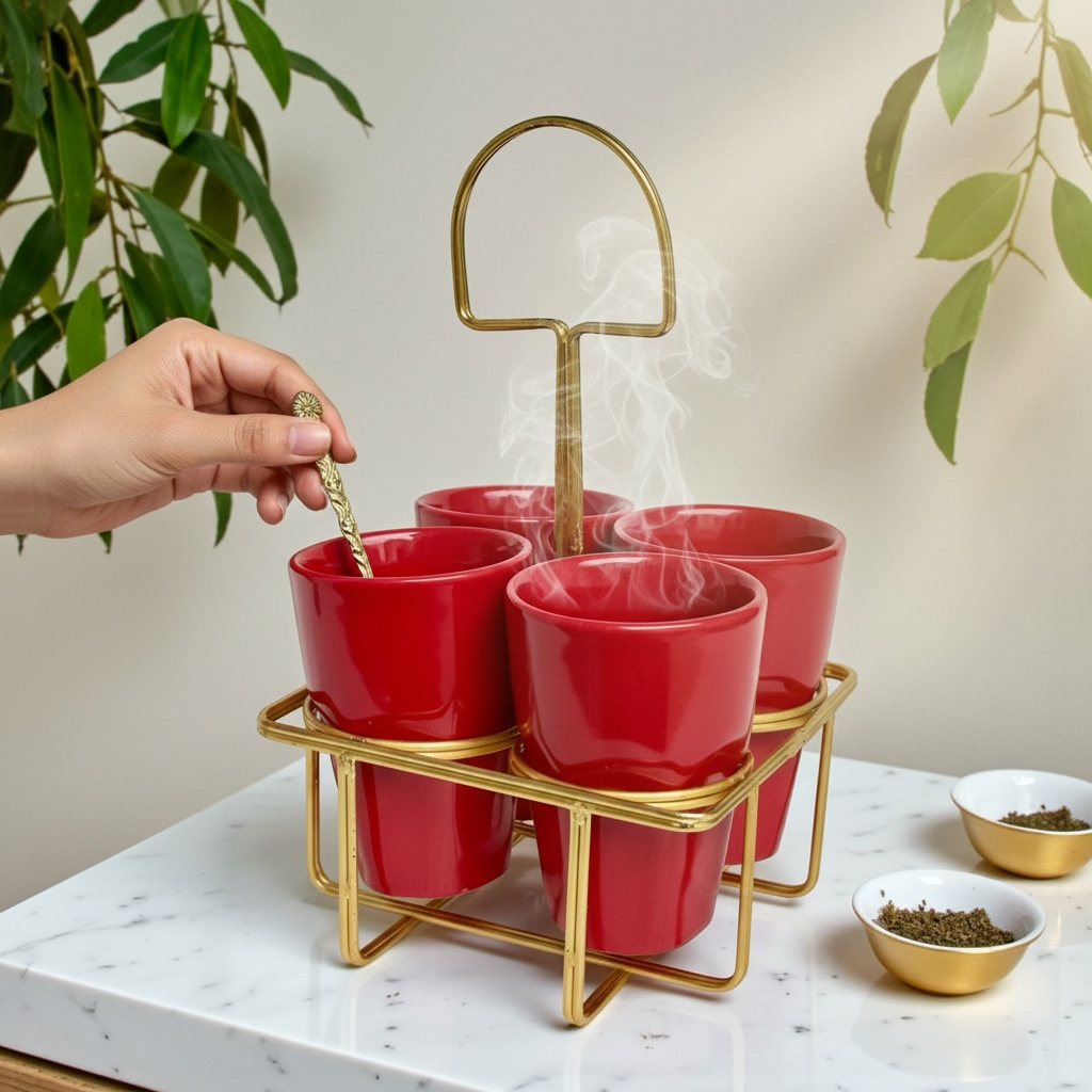 4 Red Chai Glasses with Golden Stand Set