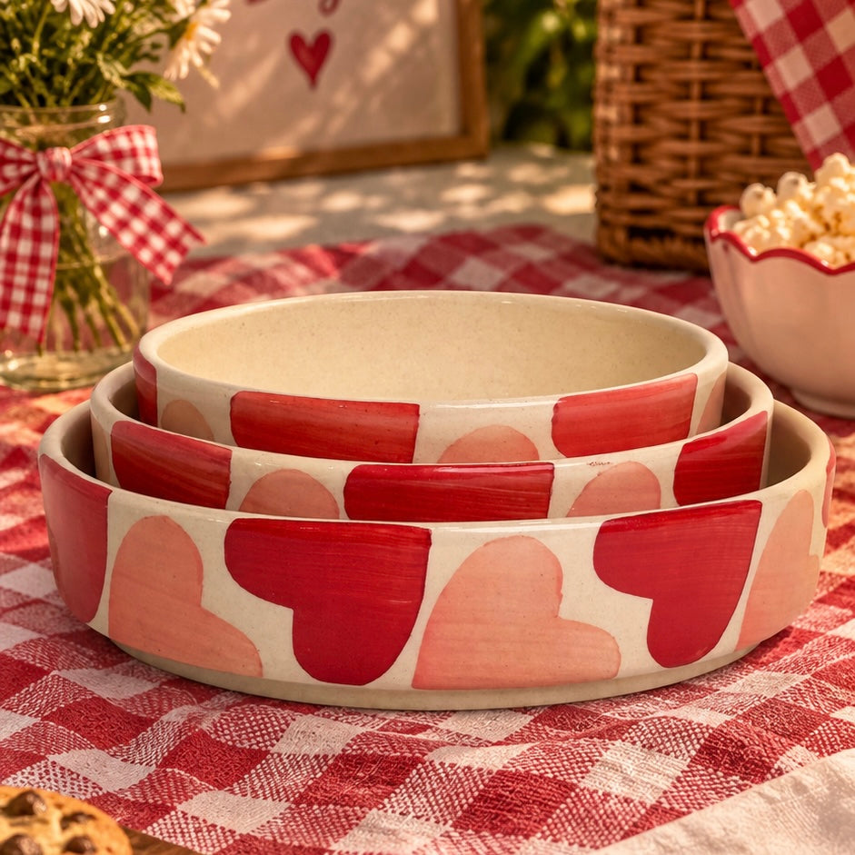 Retro Heart 3 Piece Nesting Flat Bowl Set